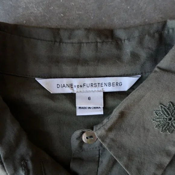 Diane Von Furstenberg Olive Green Floral Embroidered Long Sleeve Shirt Dress
